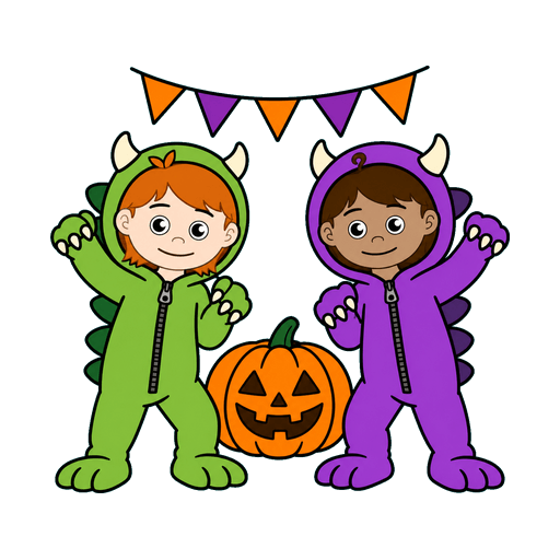Sammie en Bobbie verkleed voor Halloween bij een pompoen